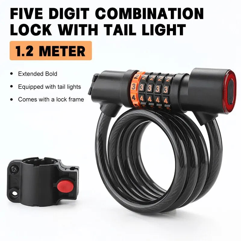 Bike Lock with Tail Light – 5-Digit Steel Cable Combo Lock