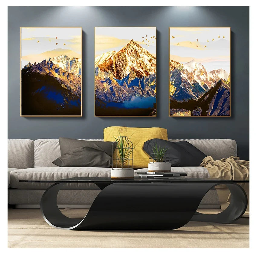 Nordic Snow Mountain Golden Abstract Canvas Wall Art Print Poster