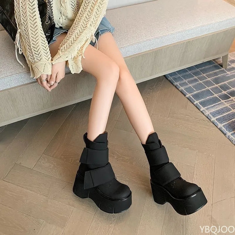 Women's Platform Wedge Mid-Calf Boots – Thick Sole Height Boost