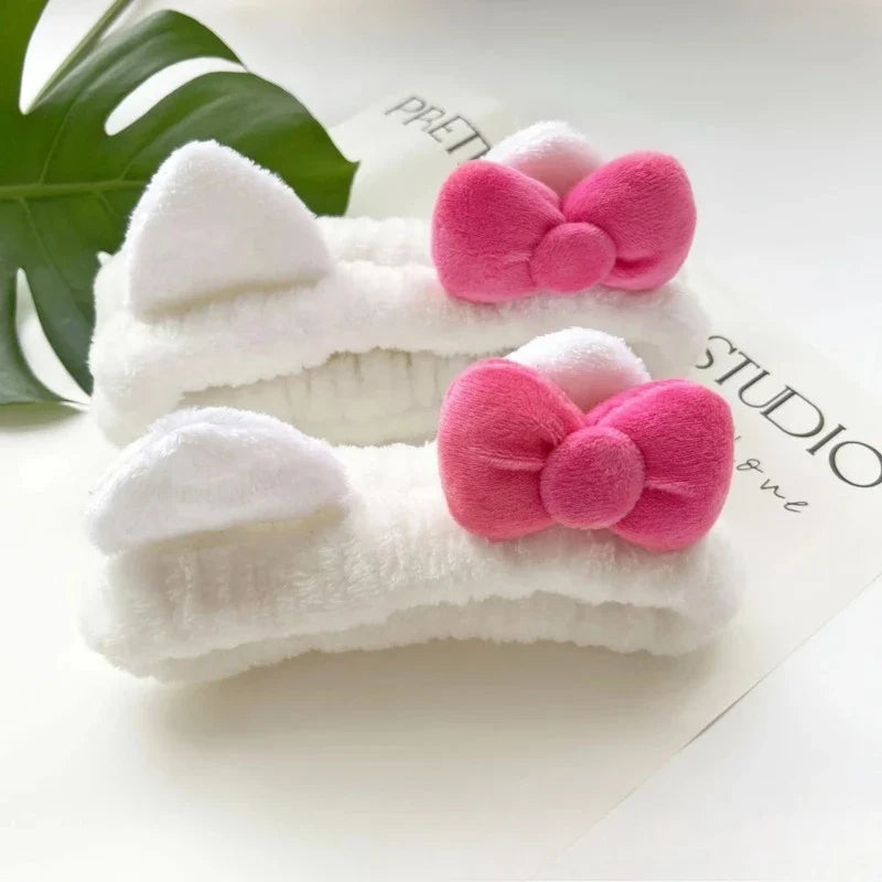 White Pink Plush Cat Ear Headband & Scrunchies Hair Set