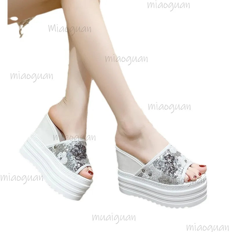 Women's Glitter Wedge Slide Sandals – High Heel Beach Slippers