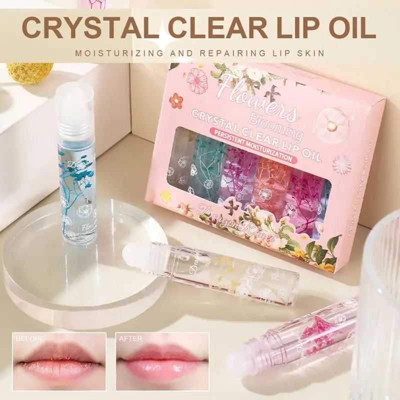 Flower Roll-On Lip Oil Set – Crystal Clear Gloss 6pc