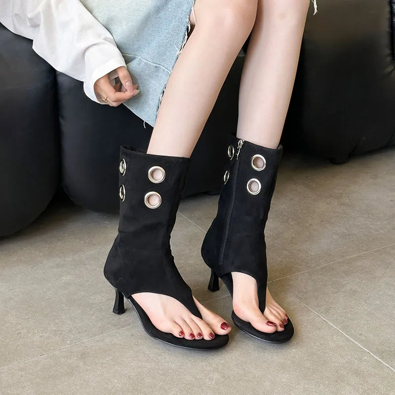 Women's Hollow High Heel Mid-Calf Boots – Open Toe Summer