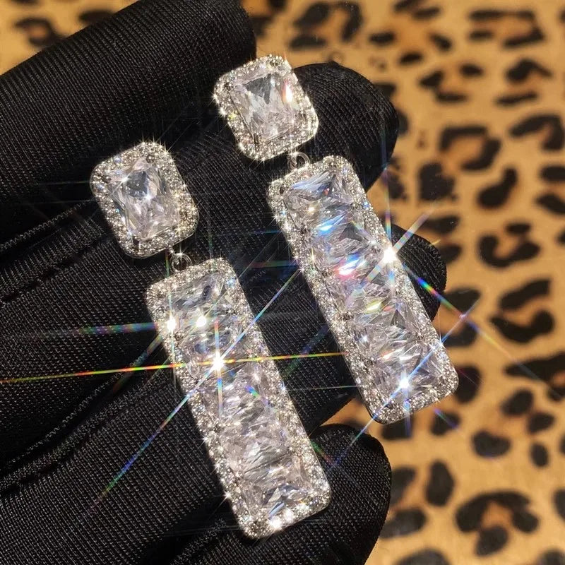 Huitan CZ Geometric Drop Earrings – Sparkling Crystal Women