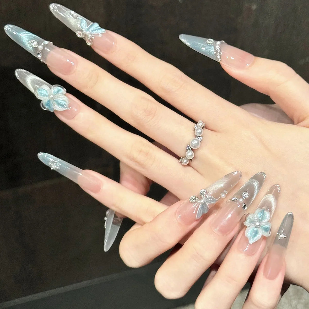 3D Ice Blue Butterfly Press On Nails – Long Tip False Nails