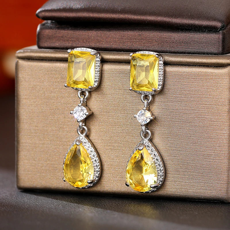 Huitan Pink & Yellow CZ Pear Drop Earrings | Dangle Jewelry