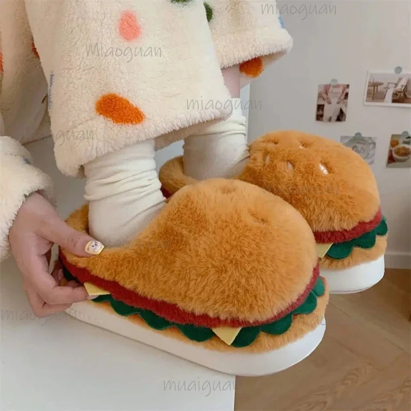Women's Cartoon Hamburger Plush Platform Slippers | Fluffy