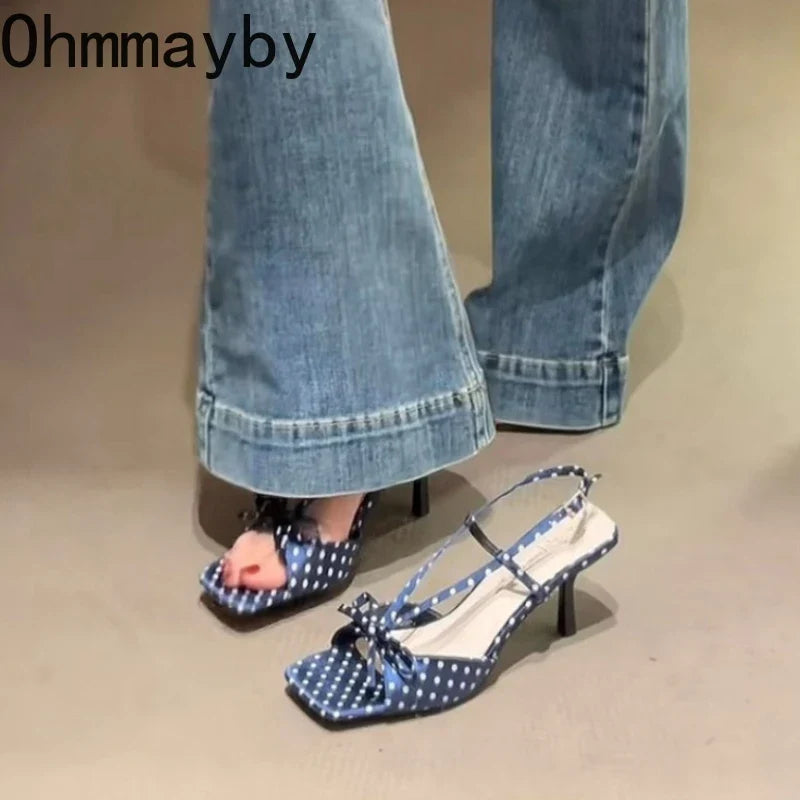 Women's Polka Dot High Heel Sandals – Butterfly Knot Mules