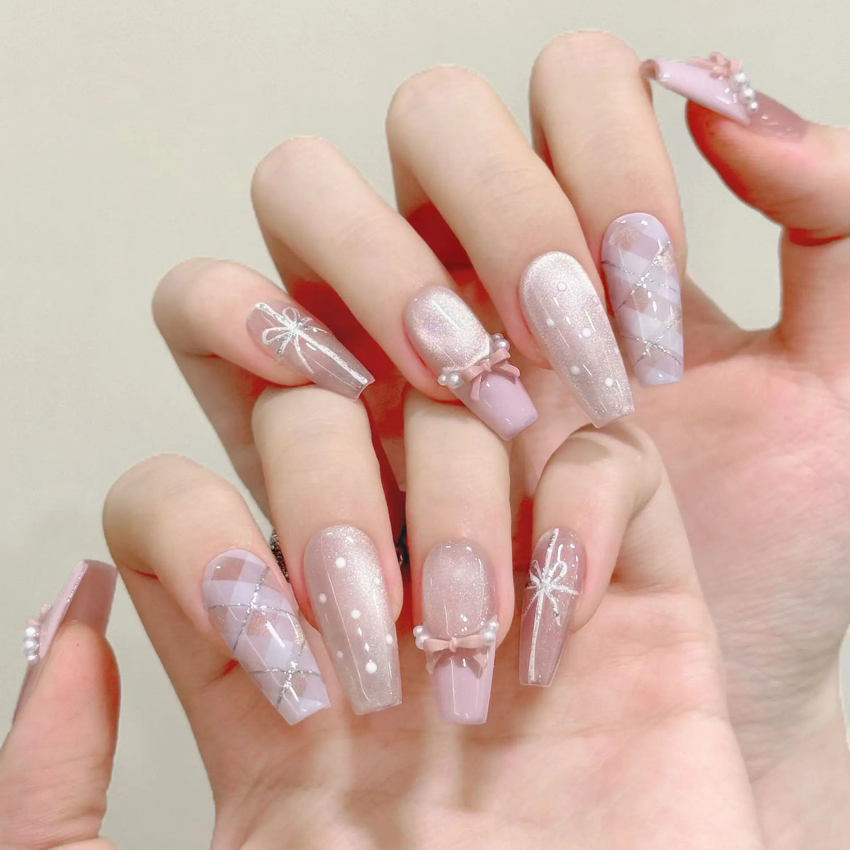 10pcs 3D Bow Press-On Nails | Cat's Eye Pink French Nail Tips