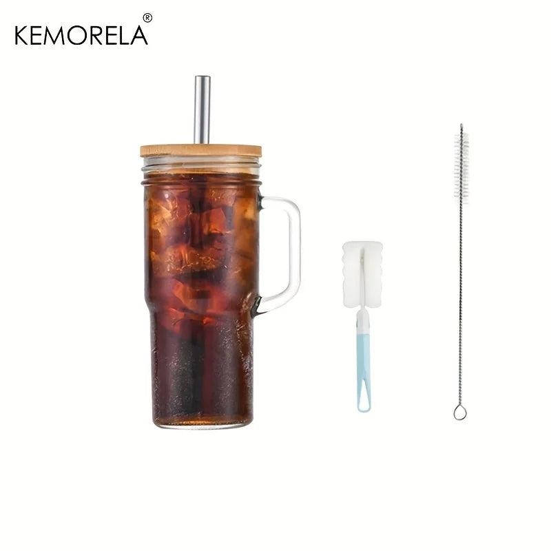 KEMORELA 700ml Glass Cup with Wooden Lid & Straw | Set of 1/2/4