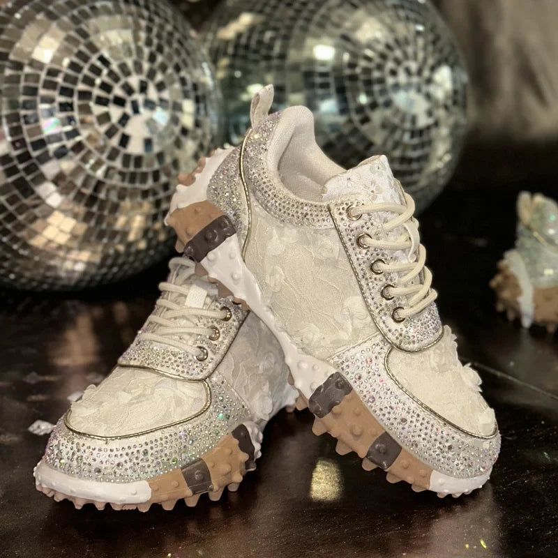 Women's Rhinestone Sneakers – Thick Sole Casual Sport Shoes