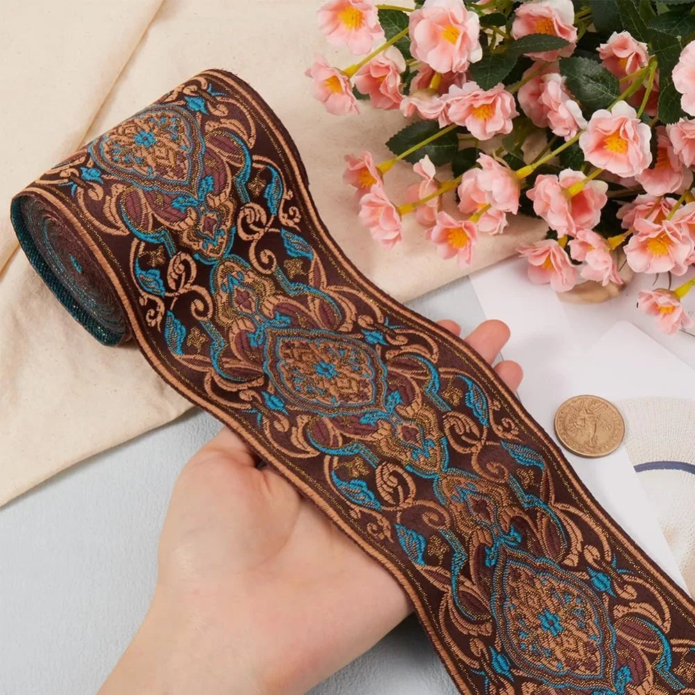 5M Floral Jacquard Ribbon Deep Sky Blue 3.5 Inch Craft Trim