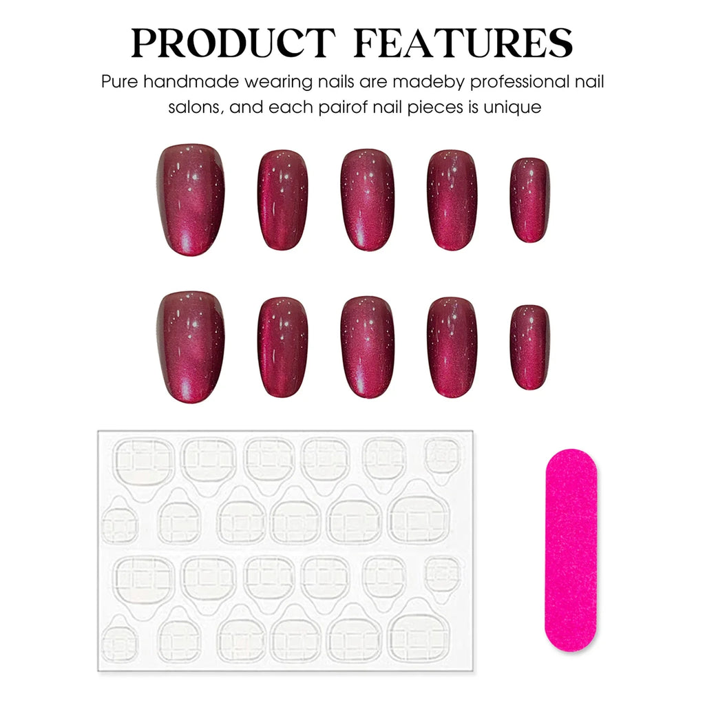 YADORNOS Dark Plum Cat Eye Press On Nails | Short Oval Fake Nails