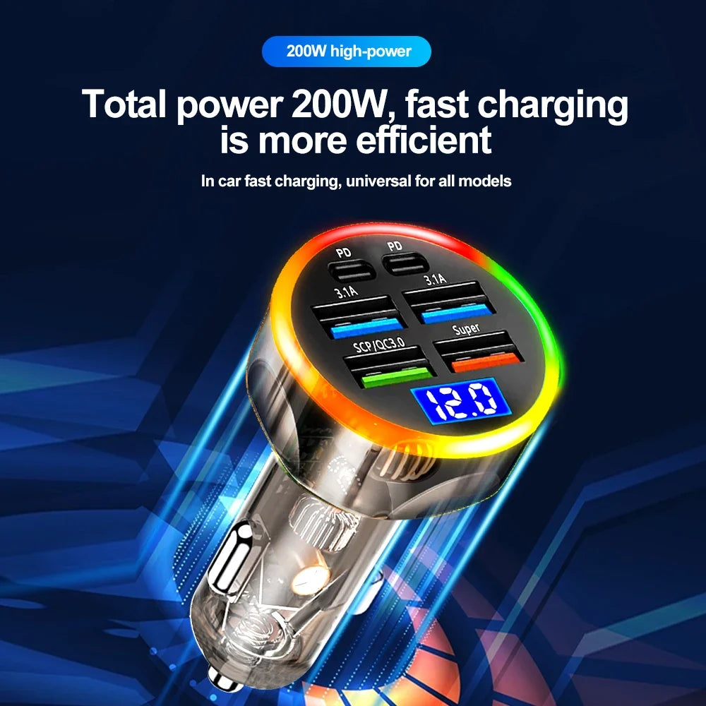 200W 6-Port Car Charger PD QC3.0 Fast Charging Digital Display