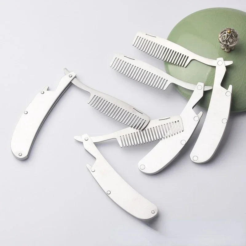 Men's Stainless Steel Folding Pocket Comb & Beard Set 2pcs