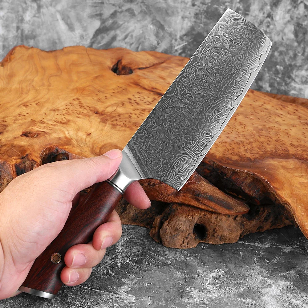 Damascus Nakiri Knife 7" Rosewood Handle | Japanese Vegetable Knife