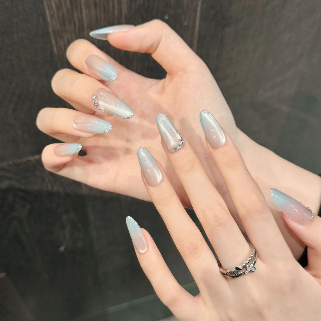 Handmade Almond Press On Nails – Gradient Blue Cat Eye French