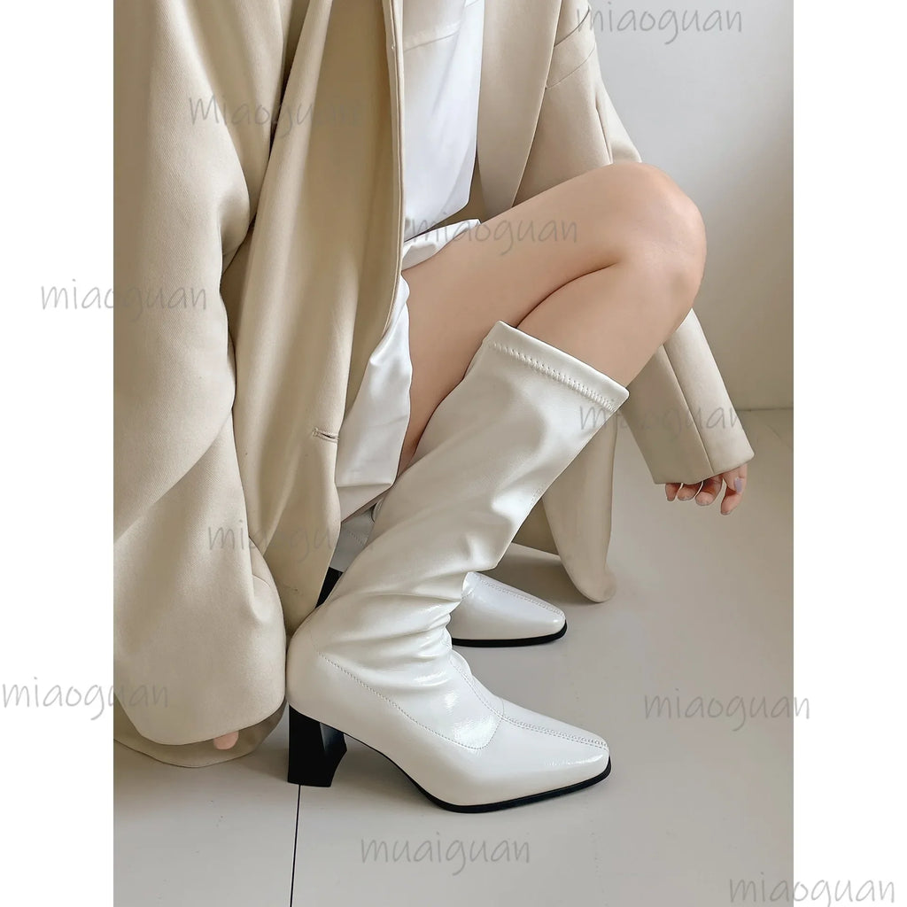 Women's Square Block Heel Mid-Calf Boots | Side Zip