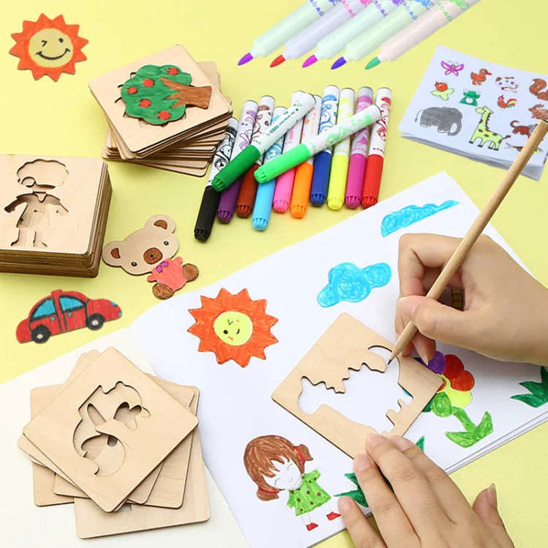 Wooden DIY Painting Stencils Kids Tools Doodle Educational Gifts Boys