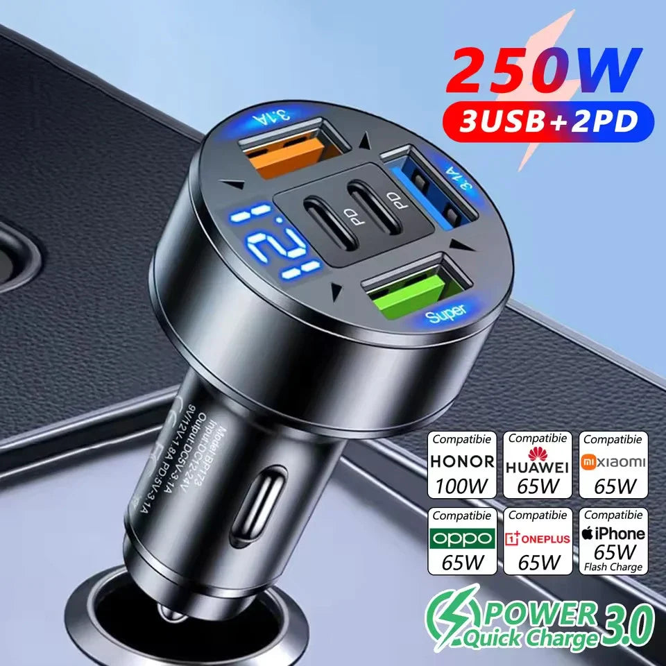 250W 5-Port USB-C Car Charger | PD QC3.0 Fast Charging