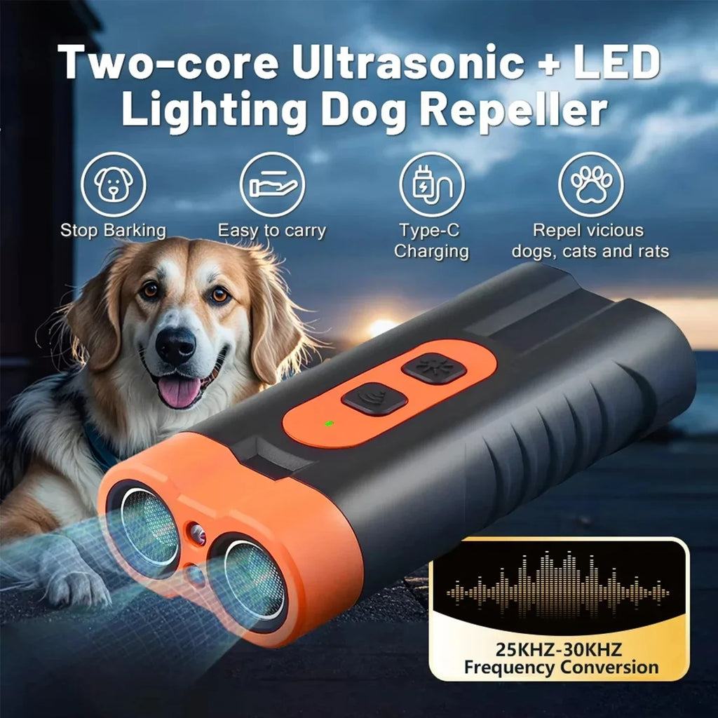 Ultrasonic Dog Repeller – Dual Head USB Rechargeable + LED Light