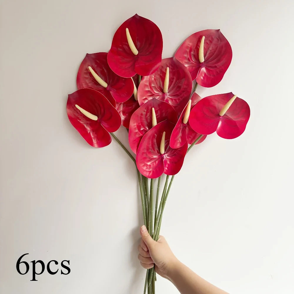 6pcs Artificial Anthurium Tropical Flowers | UV Resistant Faux Stems