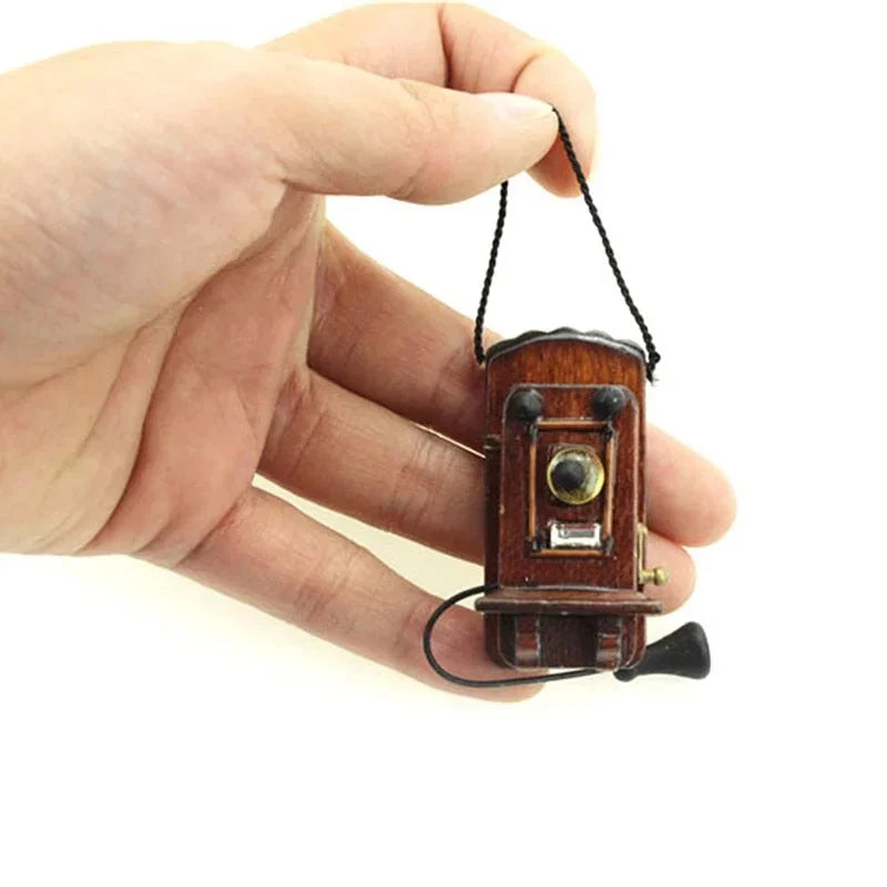 1:12 Miniature Antique Wall Mount Phone – Dollhouse Wood Décor