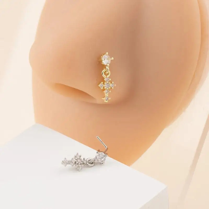 Cross Zircon Dangle Nose Ring – L-Shape Stud Body Jewelry