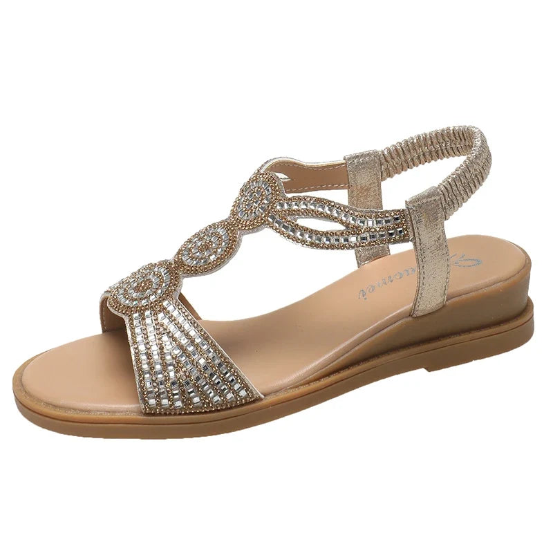 Women's Rhinestone Flat Sandals – Elastic Strap Beach Summer Shoes