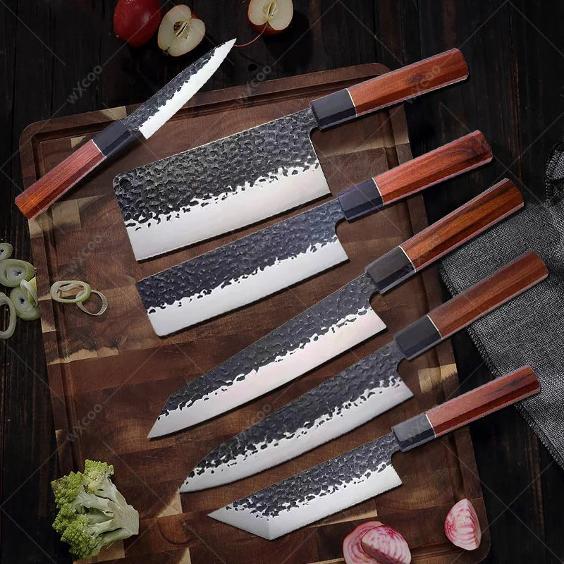 Hand Forged Japanese Santoku Chef Knife with Wood Handle & Gift Box
