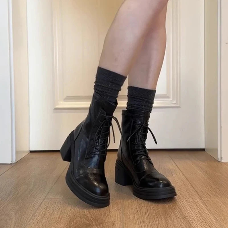 Women's Lace-Up Ankle Boots | Block Heel Back Zipper