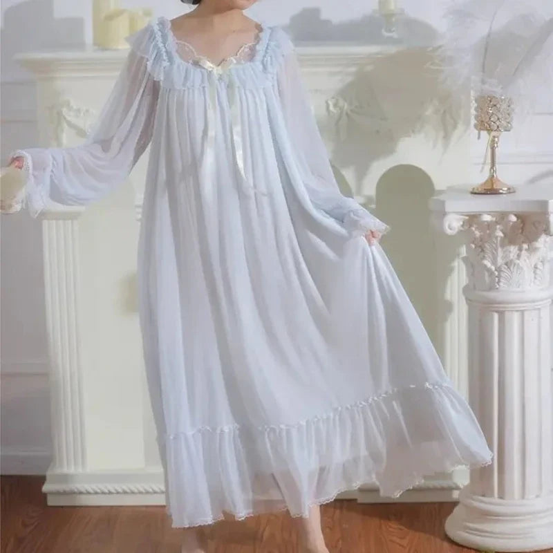 Women's Lace Mesh Nightgown – Bow Long-Sleeve Nightdress