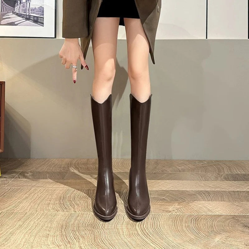Women's Knee-High Square Heel Pointed Toe Boots | Side Zip