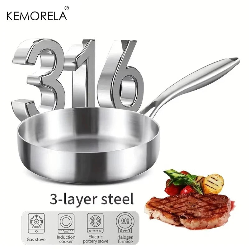 KEMORELA 316 Stainless Steel Uncoated Frying Pan 20–28cm