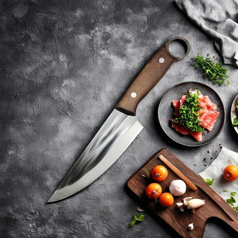 Full Tang Chef Knife with Sheath – Stainless Steel Wood Handle