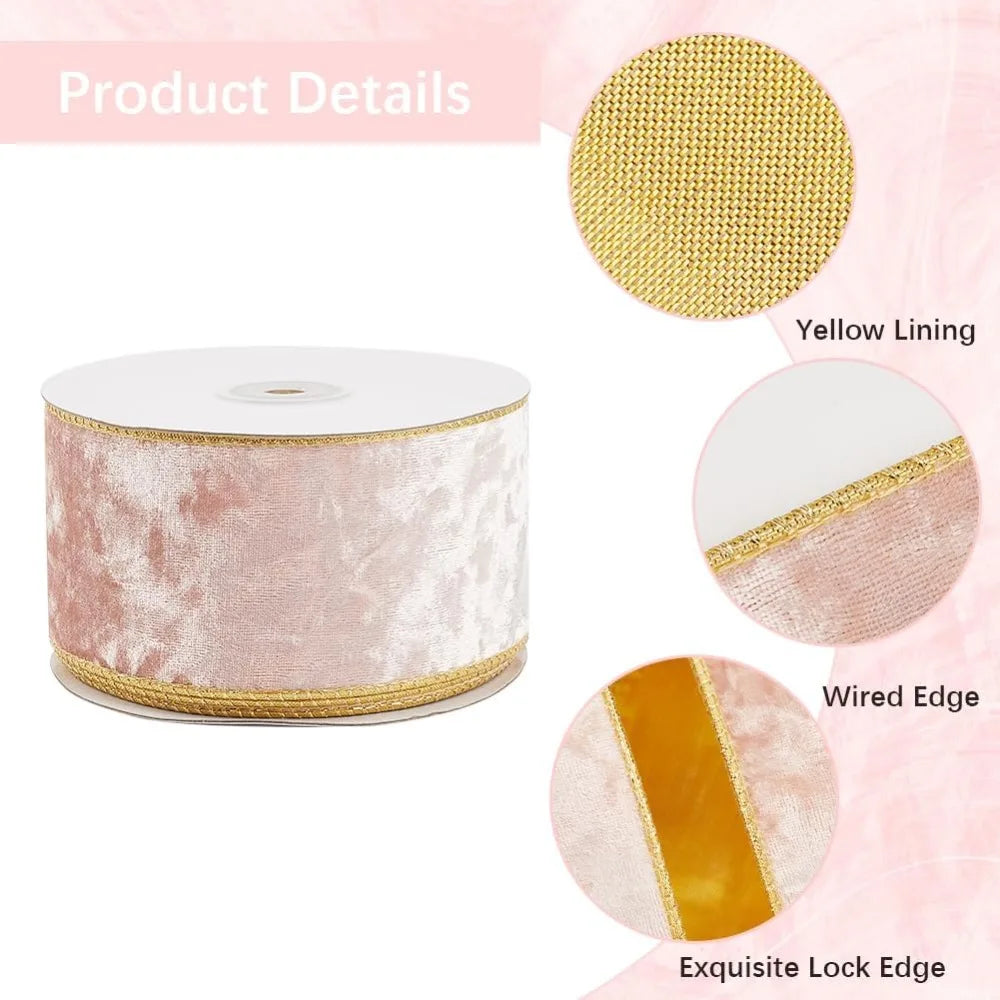 10 Yards Pink Velvet Wired Ribbon Gold Edge 2.5 Inch Bows