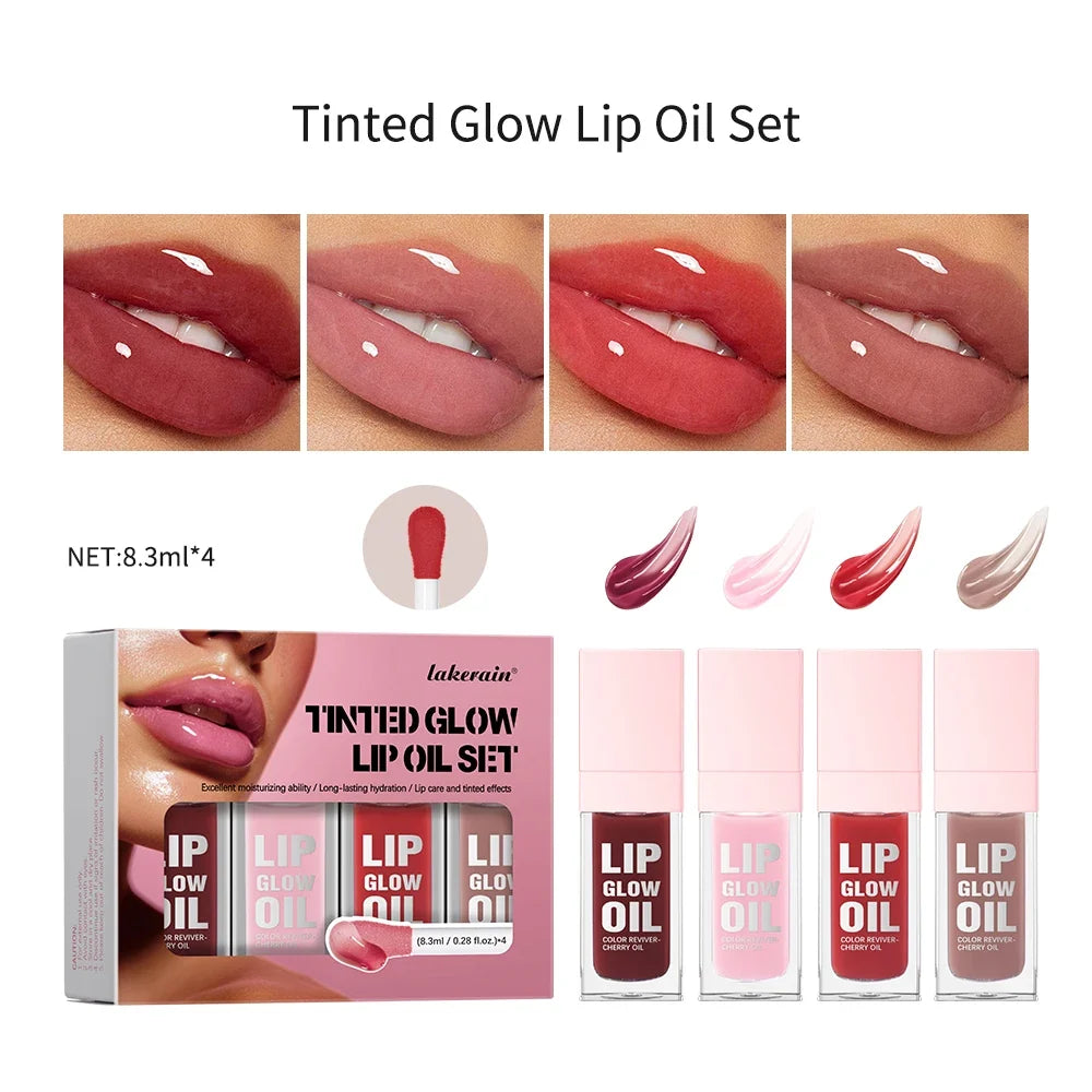 Tinted Glow Lip Oil Set – 4-Piece Jelly Lip Gloss & Balm