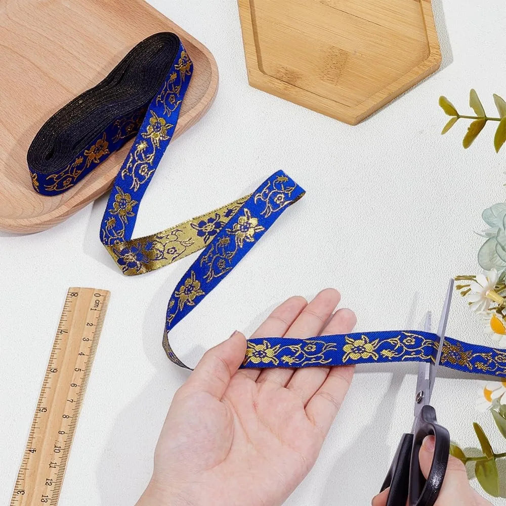 Blue Ethnic Jacquard Ribbon 20mm – Boho Floral Trim 7.7 Yds