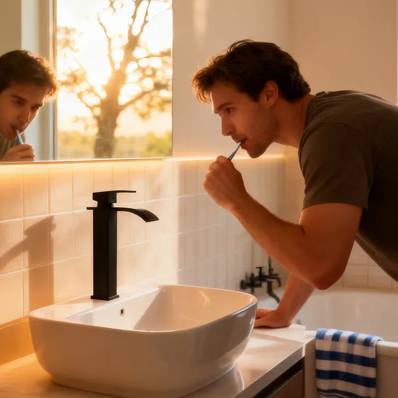 Black Tall Waterfall Bathroom Faucet | Single Hole Ceramic Valve