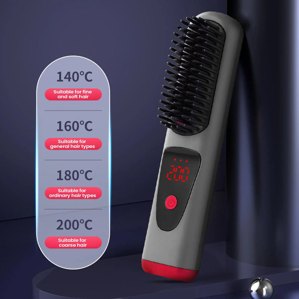 Cordless Ceramic Hair Straightener Brush – 4 Heat Levels & LED