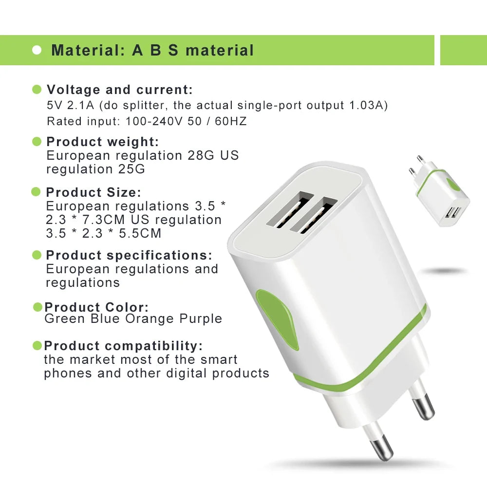 Dual USB Travel Wall Charger 2A Fast Charging EU/US Plug