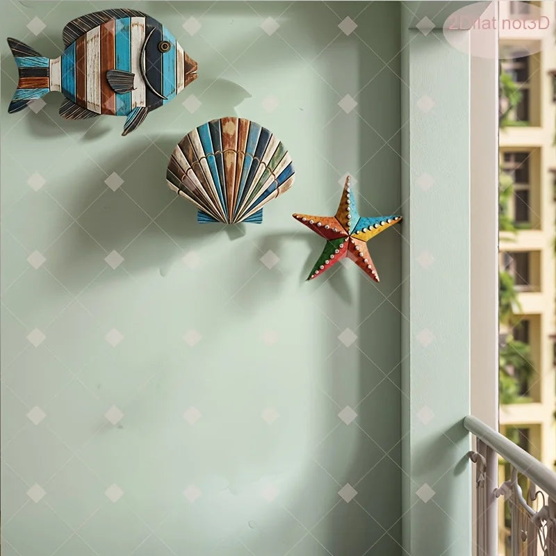 Colorful Ocean Wood Decor Set – Fish, Shell & Starfish Art