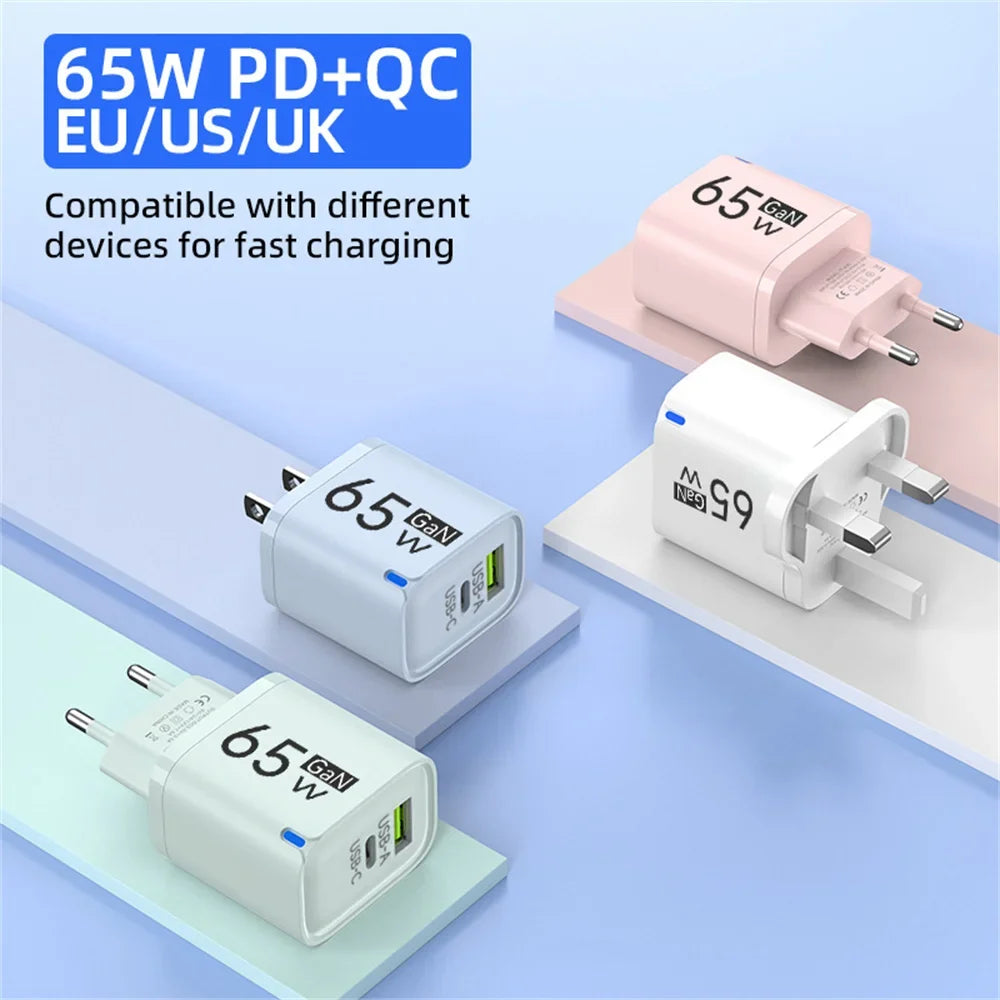 65W GaN 3-Port USB-C Fast Charger PD & QC 3.0 Adapter