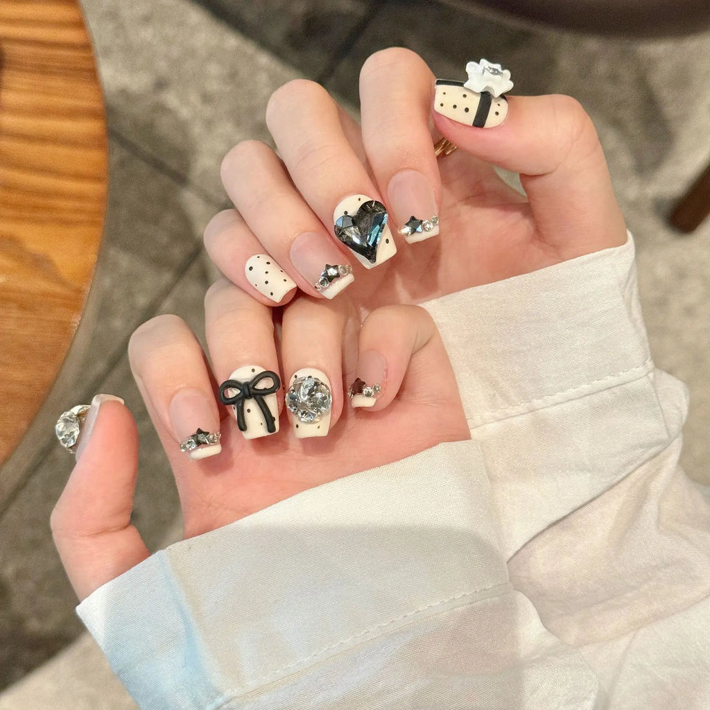 Black Bowknot Press-On Nails | Rhinestone French Short Fake Nails