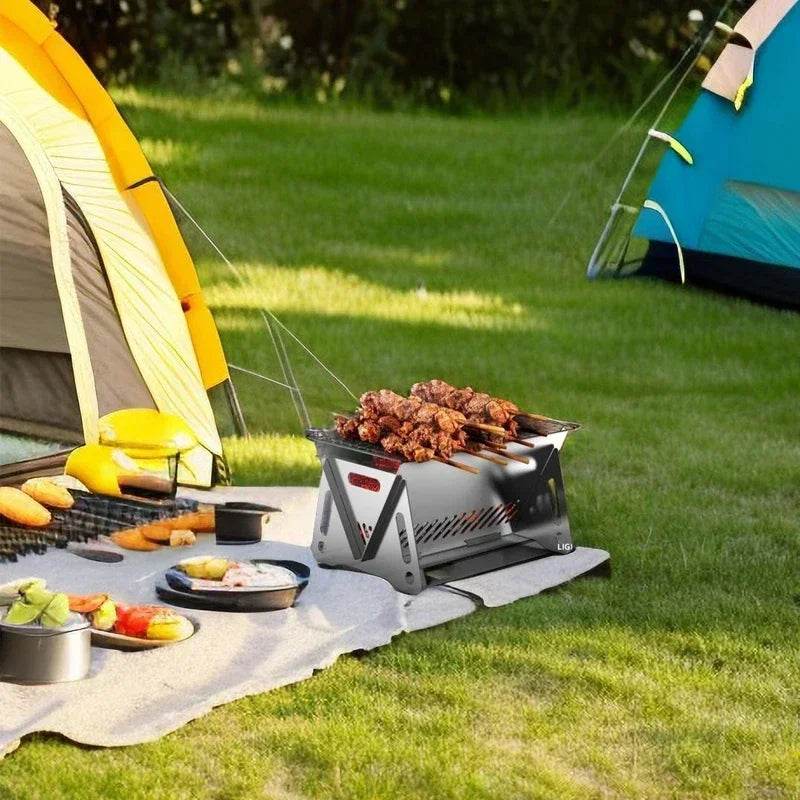 Wood Burning Camp Stove Picnic BBQ Cooker Stainless Steel Folding