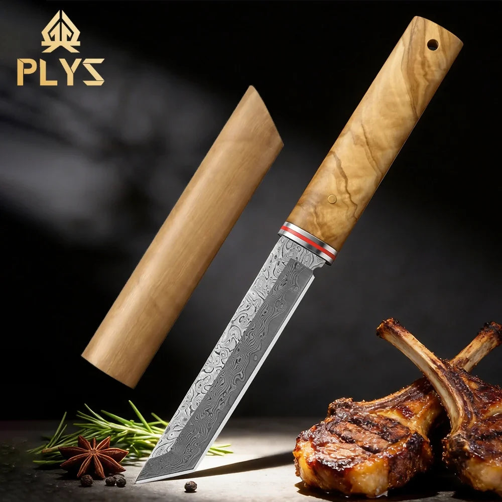 PLYS Damascus Steel Chef Knife – 9.5" Wood Handle Carving Knife