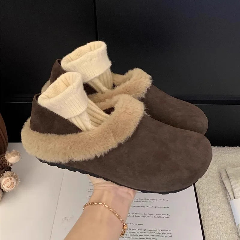Women's Retro Faux Suede Fur-Lined Slip-On Flats | Winter Shoes