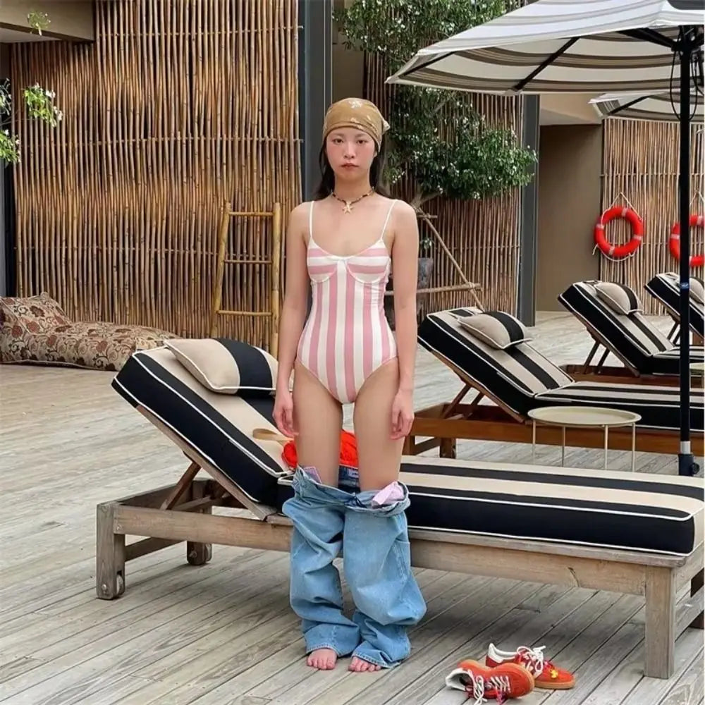 Retro Stripe Women's Swimsuit | Belly Cover-Up Skirt