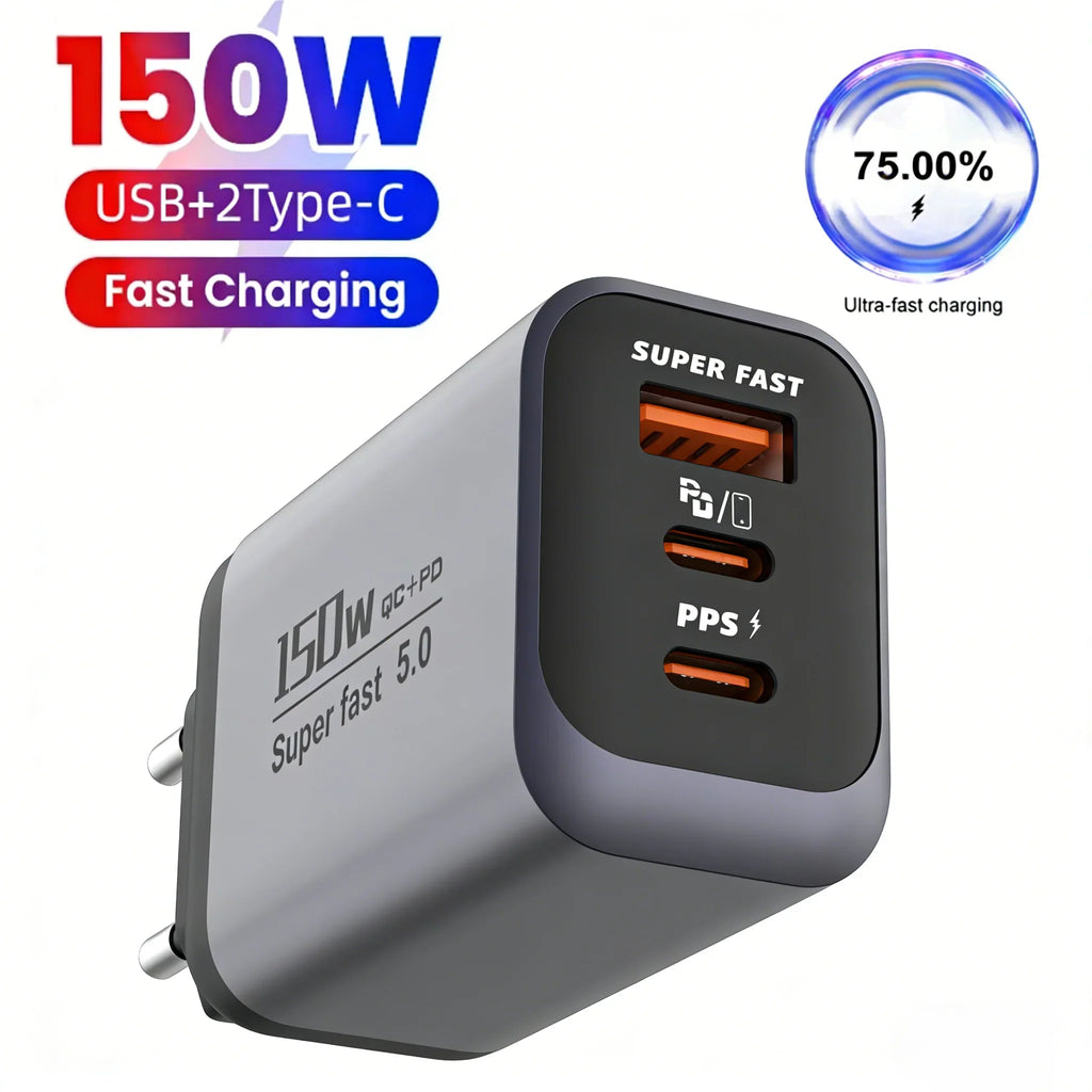 150W USB-C PD & QC3.0 Fast Charger | EU UK US Travel Adapter
