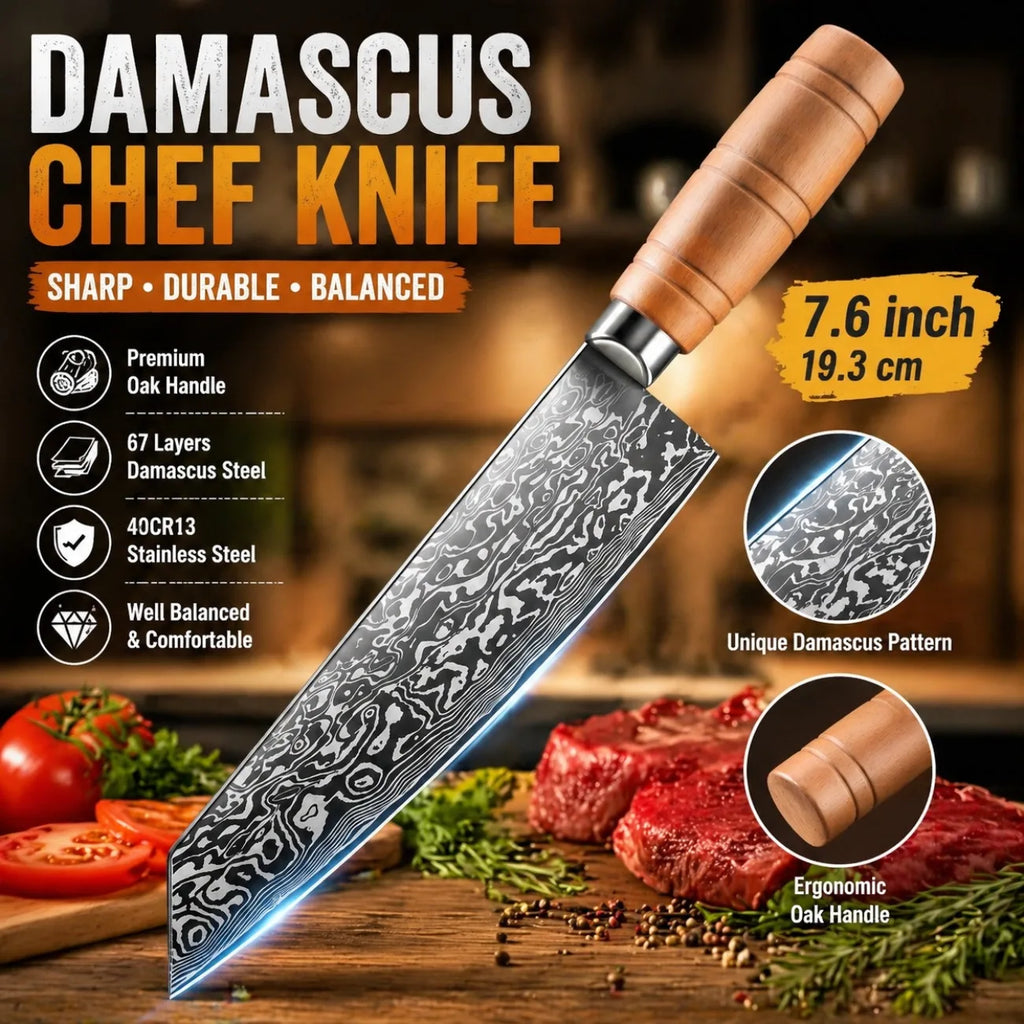 COOKCRAZE Japanese Chef's Knife – Damascus Steel & Oak Handle